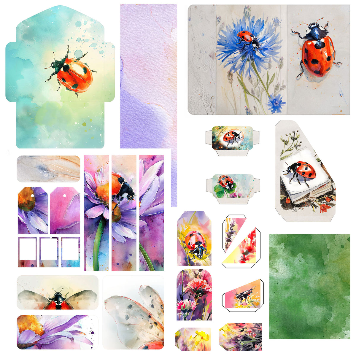Junk journal ephemera feature red ladybugs on blue flowers, purple and pink blossoms, and green watercolor washes.