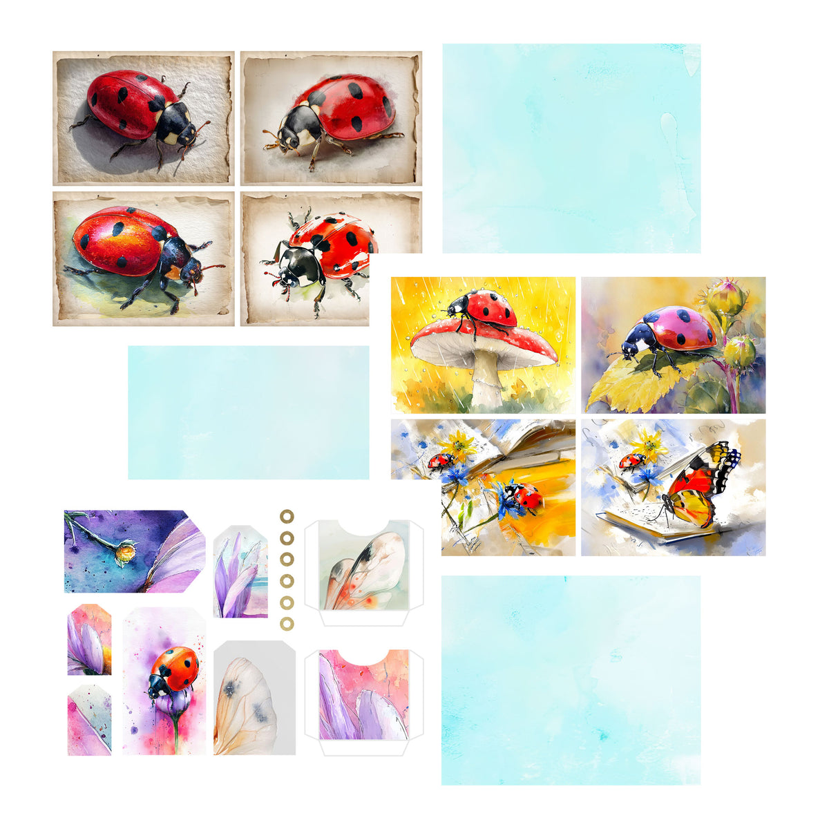junk journal cards of watercolor-style ladybug and butterfly illustrations, floral elements, and pale aqua swatches arranged on a white background. 