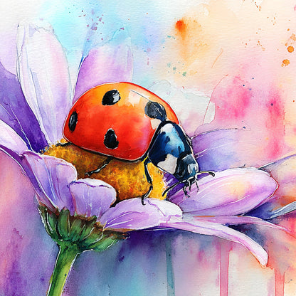 Watercolor painting of a red ladybug with black spots resting on a purple flower with a yellow center, set against a soft pastel background of pink, blue, and orange washes.