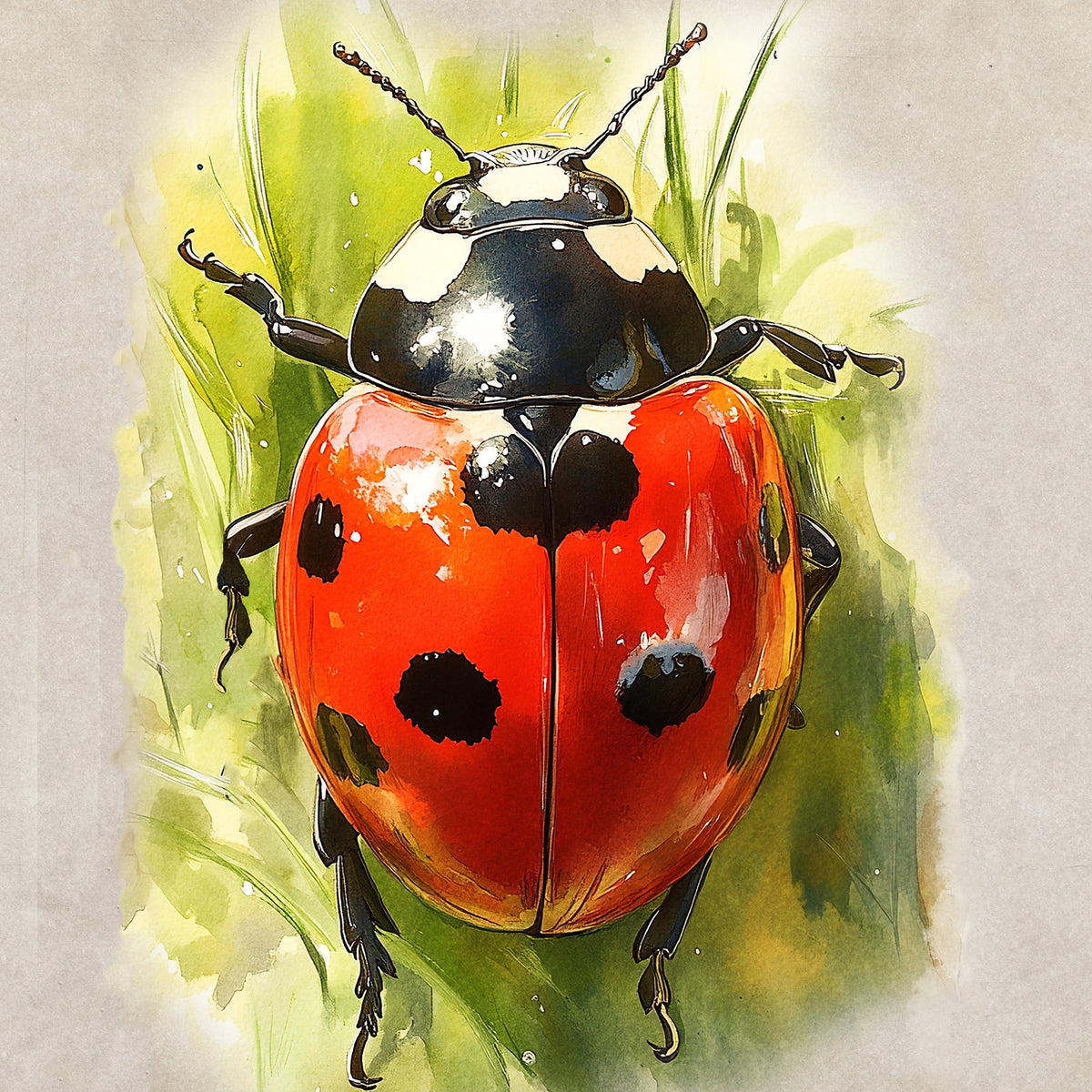Watercolor-style illustration of a ladybug centered on a light beige background with soft green and yellow grass-like washes behind it.