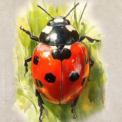 Watercolor-style illustration of a ladybug centered on a light beige background with soft green and yellow grass-like washes behind it.