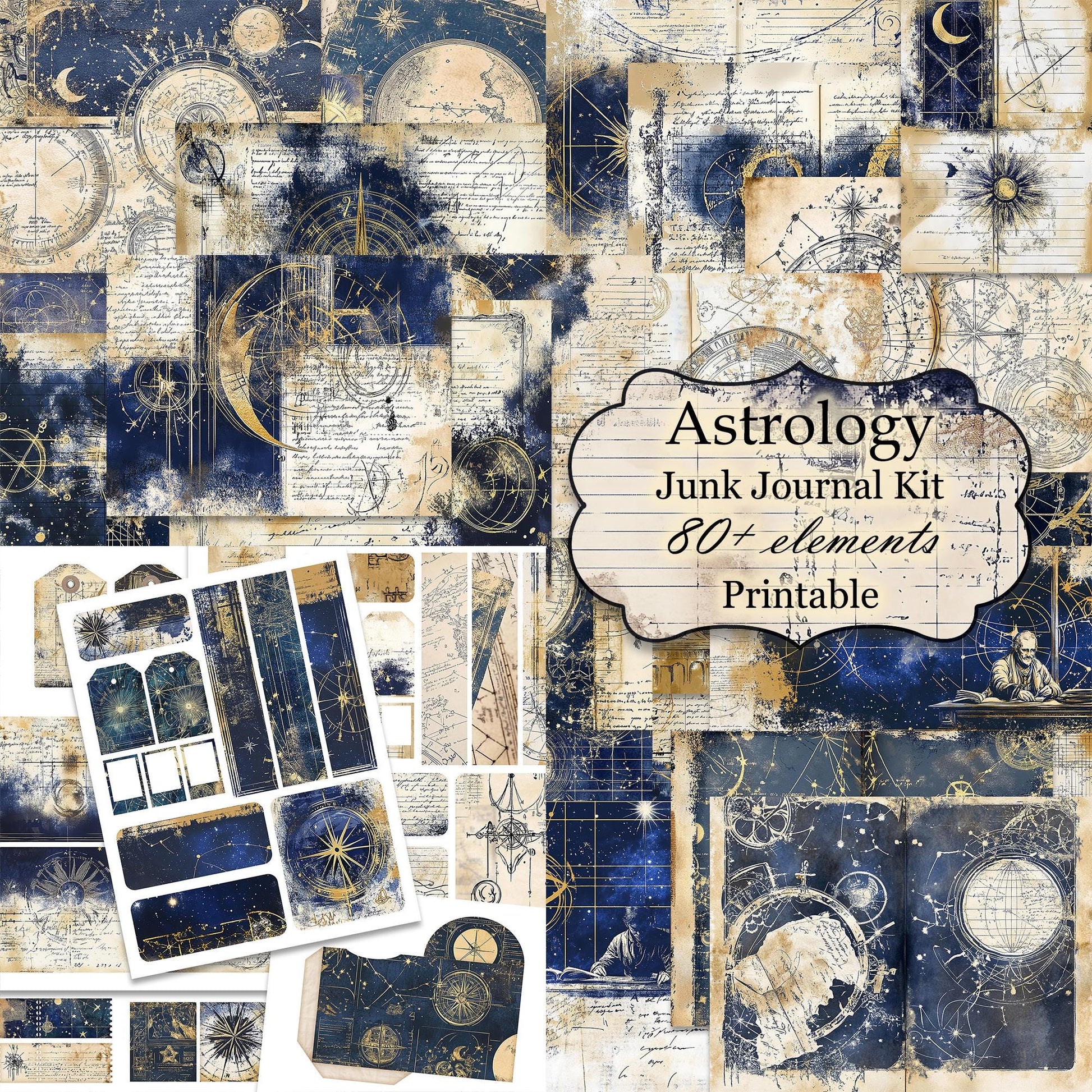 Vintage Astrology Junk Journal Kit, pages, papers, ephemera, and tags 