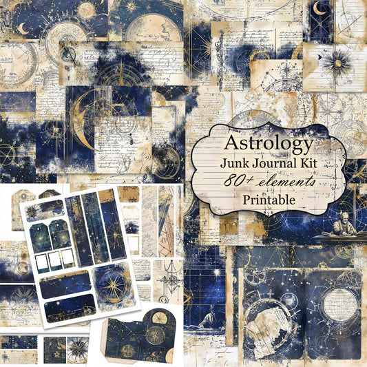 Vintage Astrology Junk Journal Kit, pages, papers, ephemera, and tags 