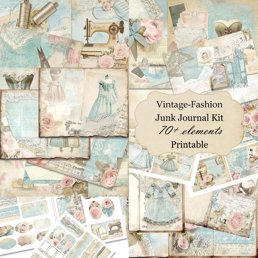 Collage of vintage-themed elements with sewing machines, dresses, and flowers on a textured background.