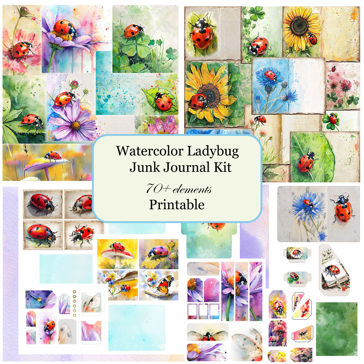 Watercolor Ladybug Junk Journal Kit with wildflowers, red ladybugs, and printable journal designs