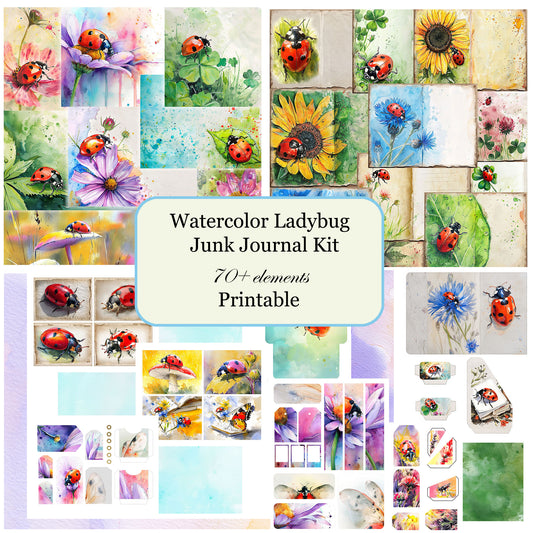 Watercolor Ladybug Junk Journal Kit with wildflowers, red ladybugs, and printable journal designs