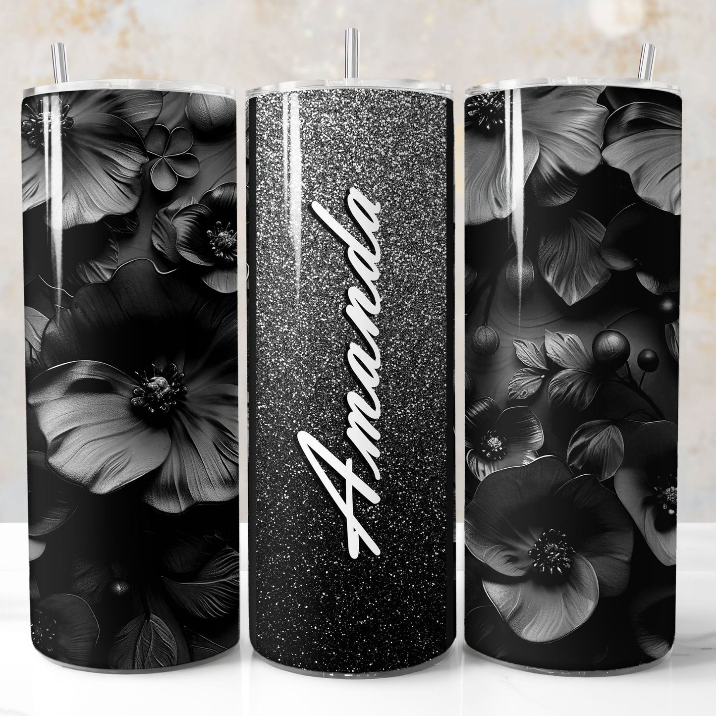 Black glitter 3D floral tumbler wrap PNG for 20oz sublimation tumblers with customizable name field