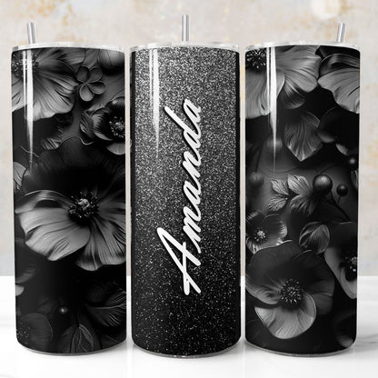 Black glitter 3D floral tumbler wrap PNG for 20oz sublimation tumblers with customizable name field