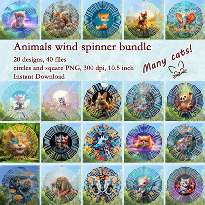 Animal wind spinner sublimation design bundle, a dog, a sloth, elephants, a fox, a giraffe, cats and other animals