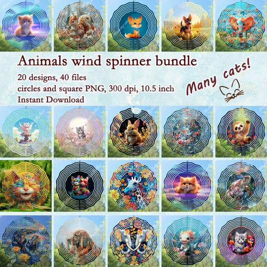 Animal wind spinner sublimation design bundle, a dog, a sloth, elephants, a fox, a giraffe, cats and other animals