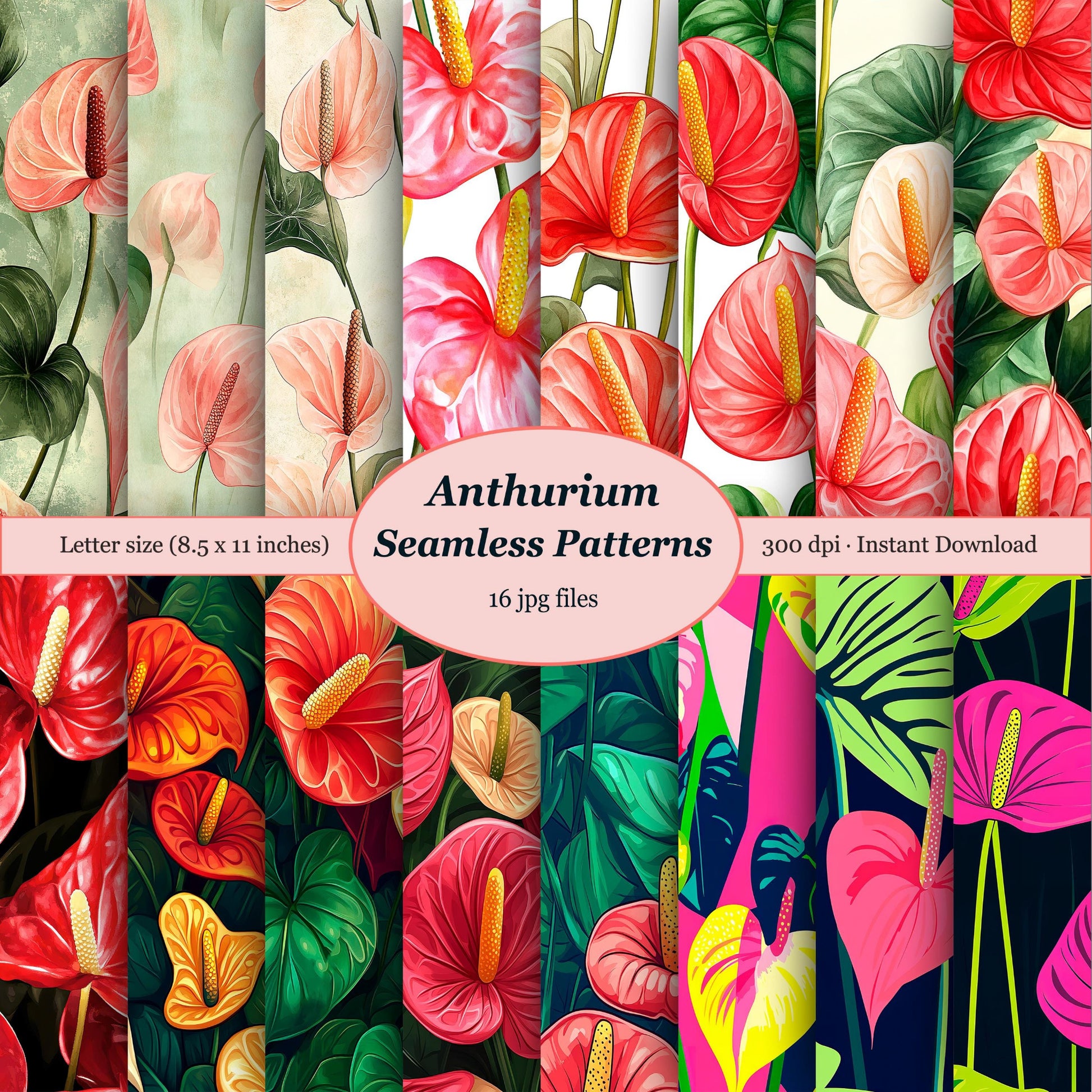 Collection of Anthurium flower patterns, floral digital paper instant download