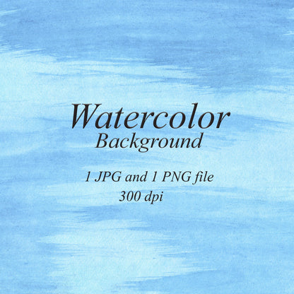 Baby blue watercolor background with broad horizontal brush strokes, pale aqua bands, and fine paper texture. Text: “Watercolor Background”, “1 JPG and 1 PNG file”, “300 dpi”.