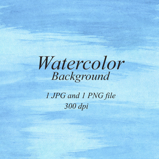 Baby blue watercolor background with broad horizontal brush strokes, pale aqua bands, and fine paper texture. Text: “Watercolor Background”, “1 JPG and 1 PNG file”, “300 dpi”.