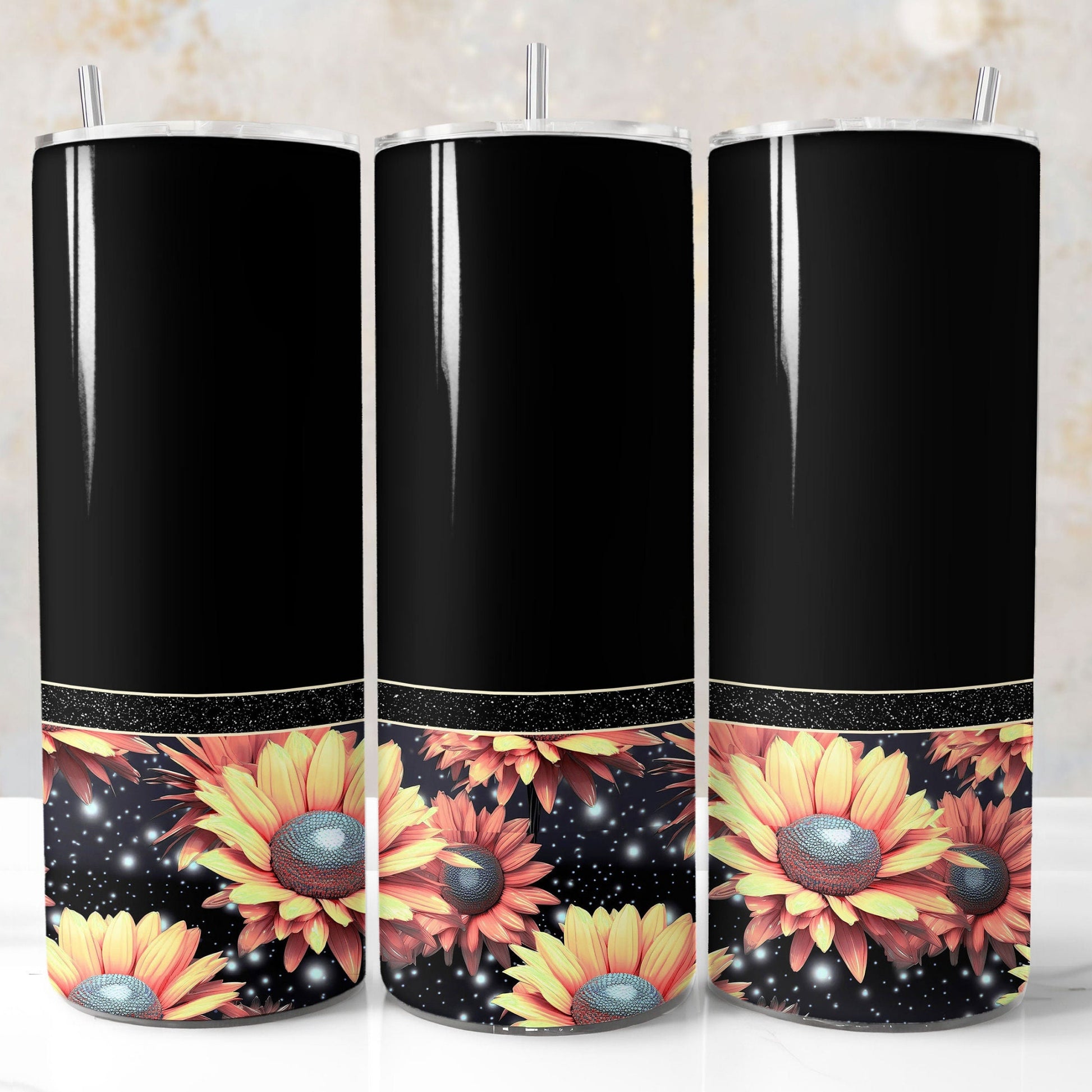 Black tumbler wrap with sunflower designs and glitter