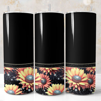 Black tumbler wrap with sunflower designs and glitter