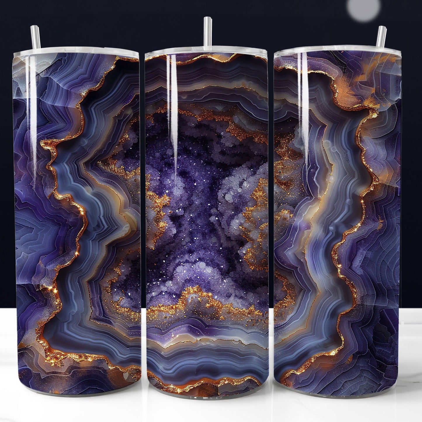 20oz gold blue agate tumbler wrap with geode pattern. Seamless printable sublimation design.