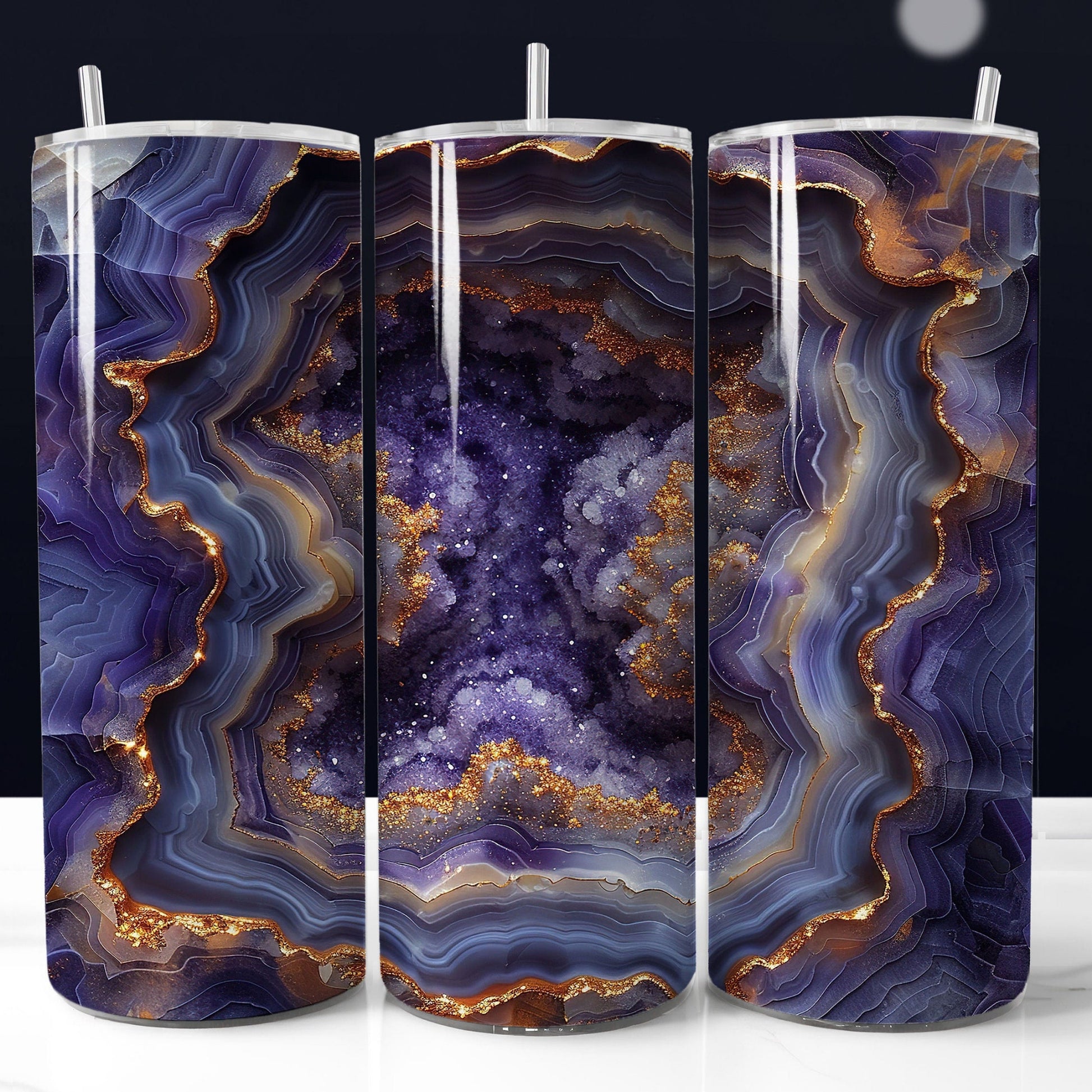 20oz gold blue agate tumbler wrap with geode pattern. Seamless printable sublimation design.