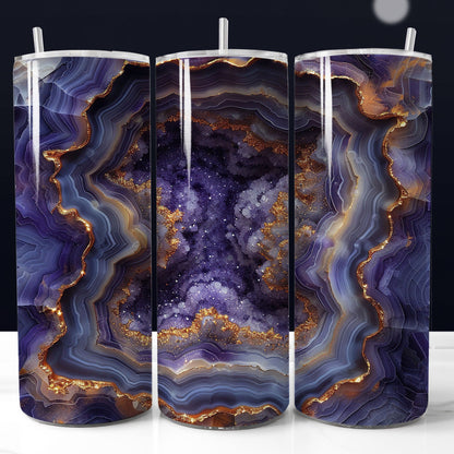 20oz gold blue agate tumbler wrap with geode pattern. Seamless printable sublimation design.