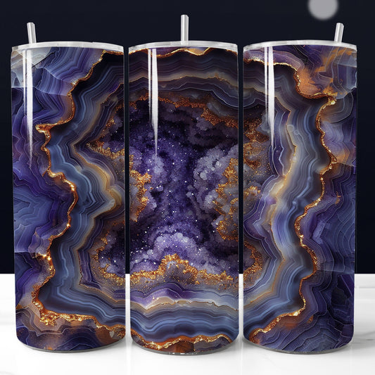 20oz gold blue agate tumbler wrap with geode pattern. Seamless printable sublimation design.