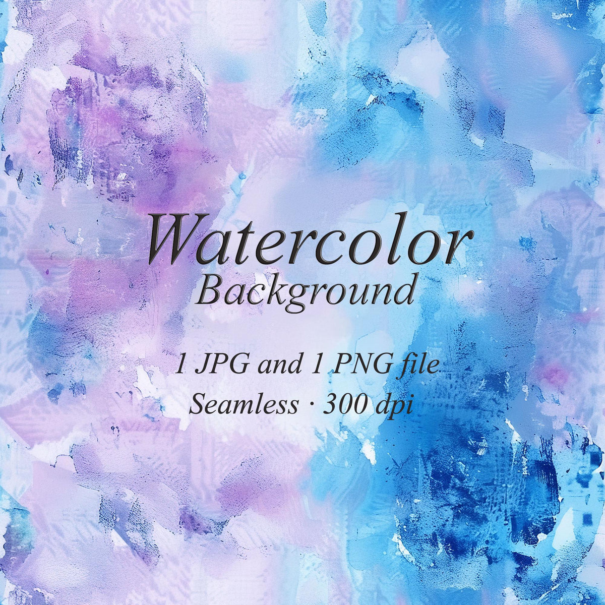 Blue and lilac watercolor background with pale lavender washes and cobalt brush marks. Text: “Watercolor Background”, “1 JPG and 1 PNG file”, “Seamless · 300 dpi”.