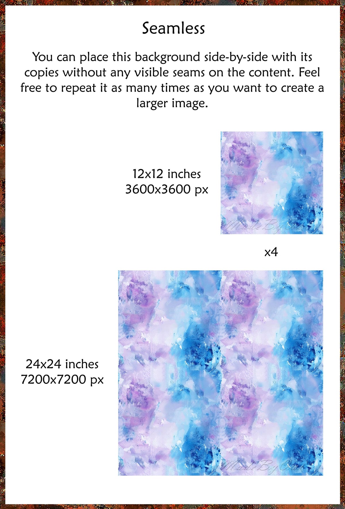 Blue lilac watercolor seamless texture shown as a single tile and a repeating pattern.
