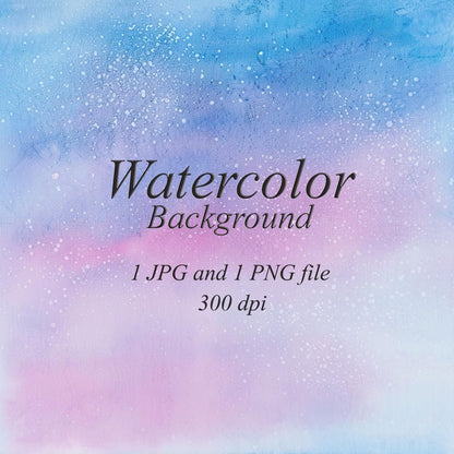 Blue and pink watercolor background with lilac transitions and scattered pale speckles. Text: “Watercolor Background”, “1 JPG and 1 PNG file”, “300 dpi”.
