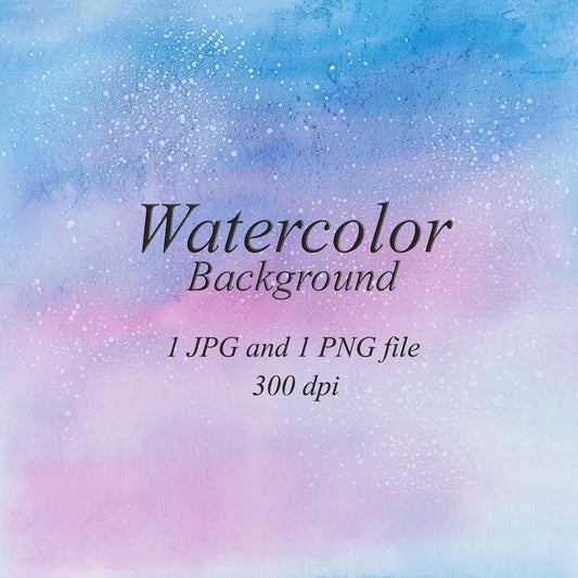 Blue and pink watercolor background with lilac transitions and scattered pale speckles. Text: “Watercolor Background”, “1 JPG and 1 PNG file”, “300 dpi”.
