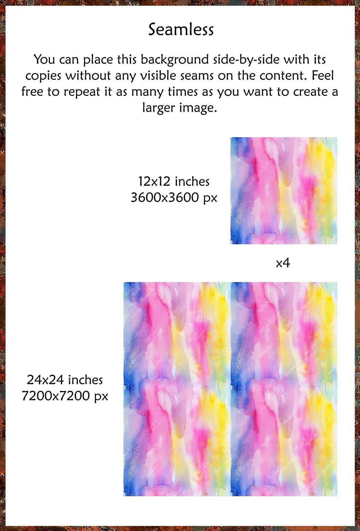 Blue pink yellow watercolor seamless texture shown as a single tile and a repeating pattern.