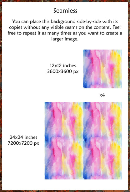 Blue pink yellow watercolor seamless texture shown as a single tile and a repeating pattern.