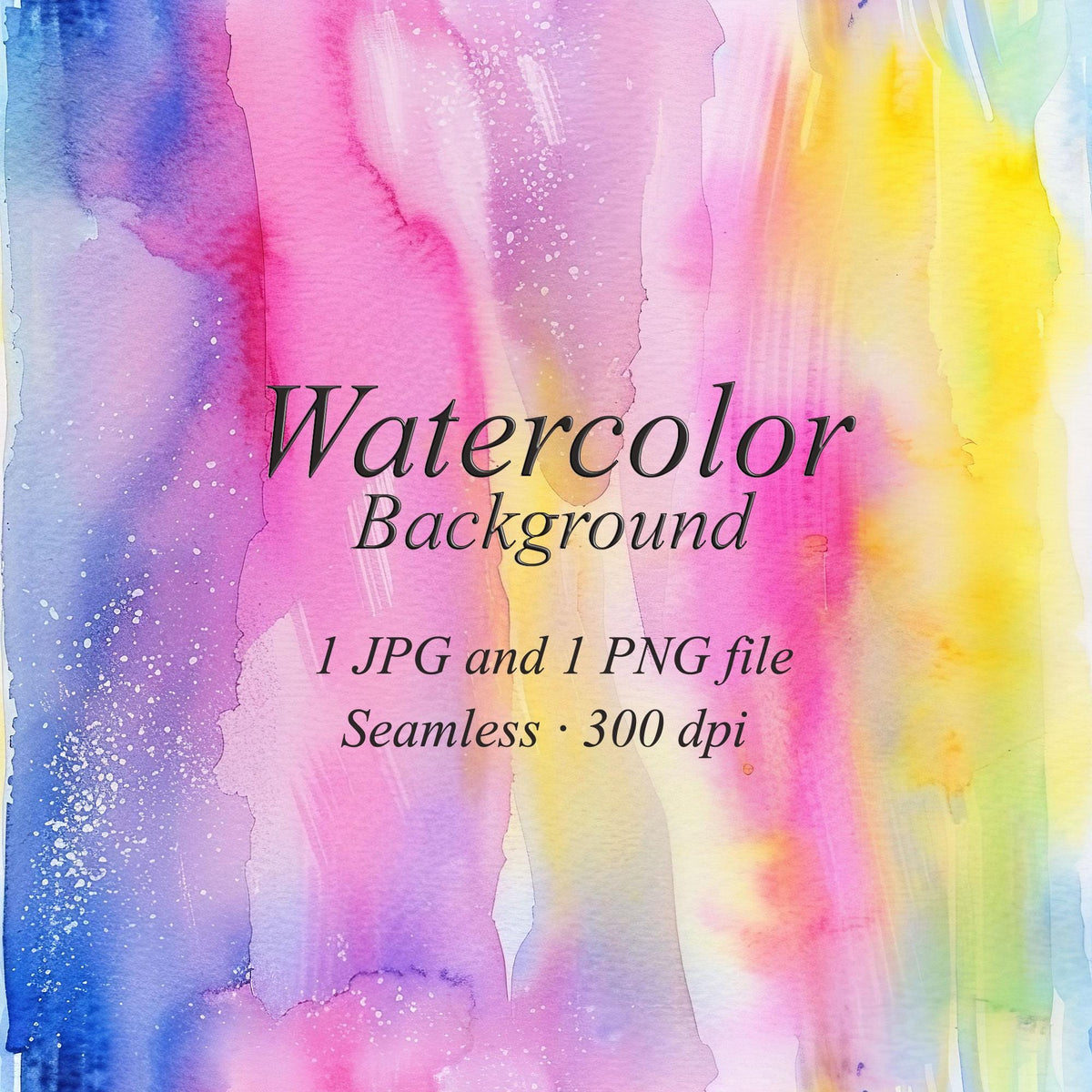 Blue, pink and yellow watercolor washes with white speckles. Text: “Watercolor Background”, “1 JPG and 1 PNG file”, “Seamless · 300 dpi”.