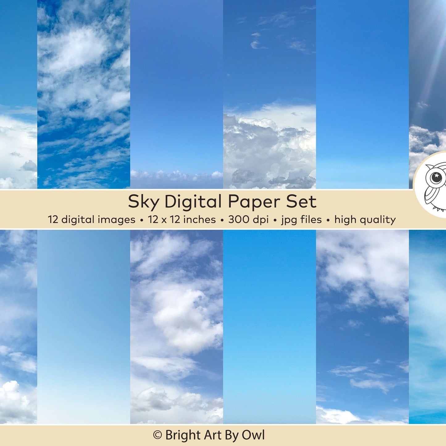 Set of sky digital paper with various cloud patterns and a blue sky.