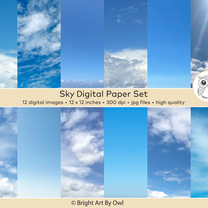Set of sky digital paper with various cloud patterns and a blue sky.