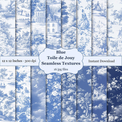 Collection of blue Toile de Jouy seamless textures, digital paper pack