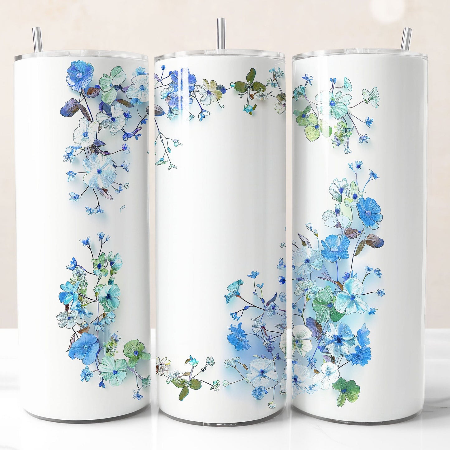 Blue wildflowers tumbler wrap, floral frame, add your name, sublimation design.