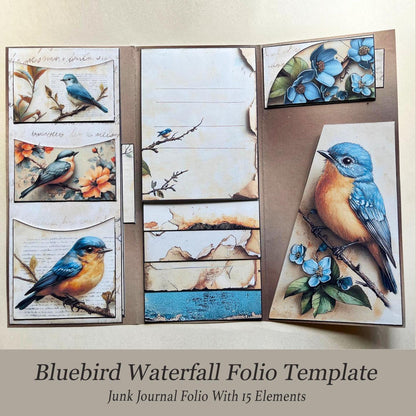 Bluebird Waterfall Folio Template with various elements, Junk Journal asset