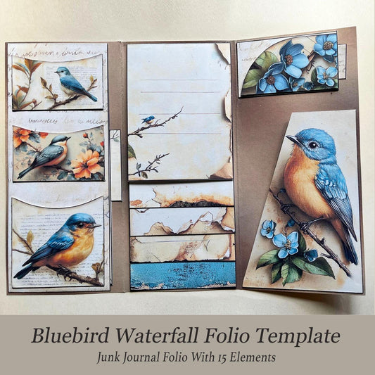 Bluebird Waterfall Folio Template with various elements, Junk Journal asset