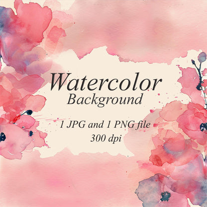 Blush pink and coral watercolor flowers with lilac shading and dark stems around an open cream center, with pink washes above and below. Text: “Watercolor Background”, “1 JPG and 1 PNG file”, “300 dpi”.