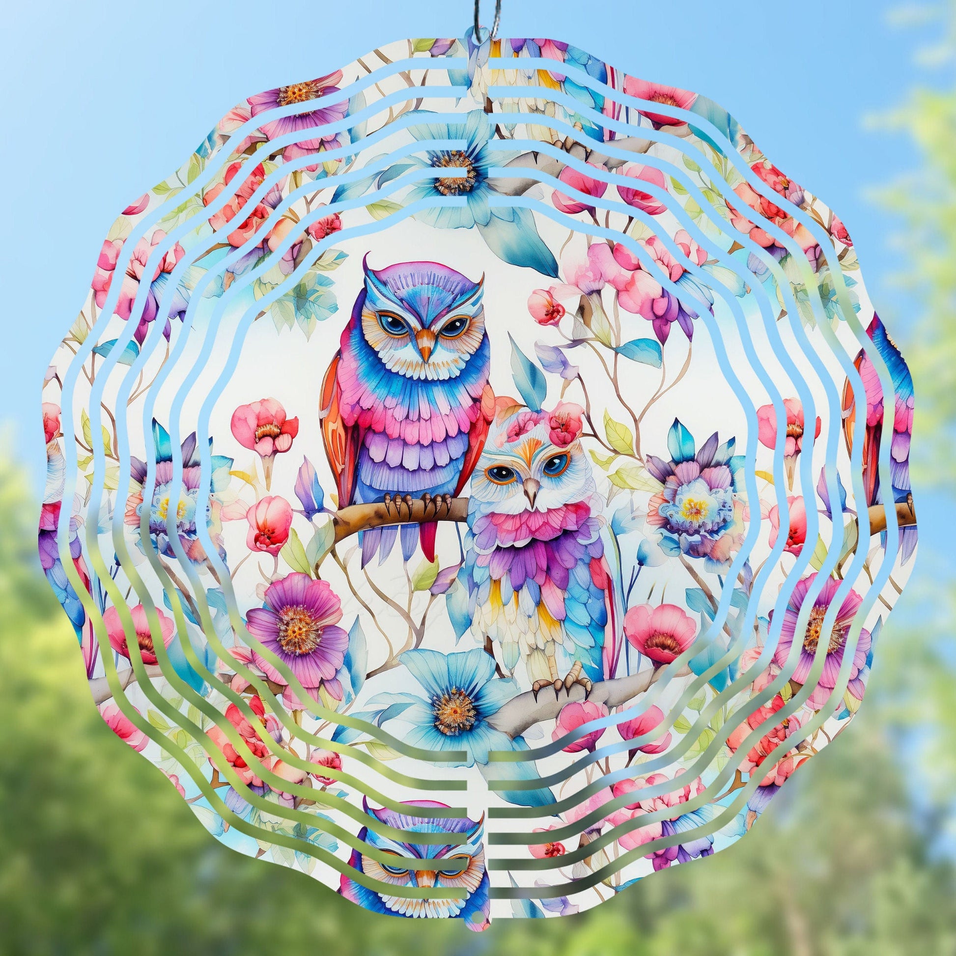 Boho-style wind spinner design featuring owls and flowers, ideal for outdoor decor and creative projects. 