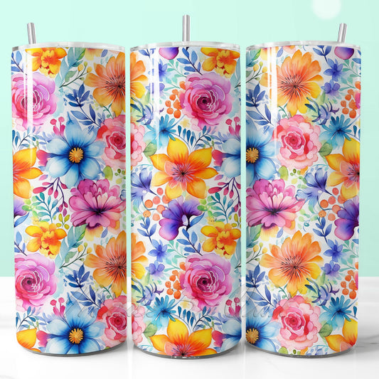 Three colorful floral-patterned tumblers, sublimation designs