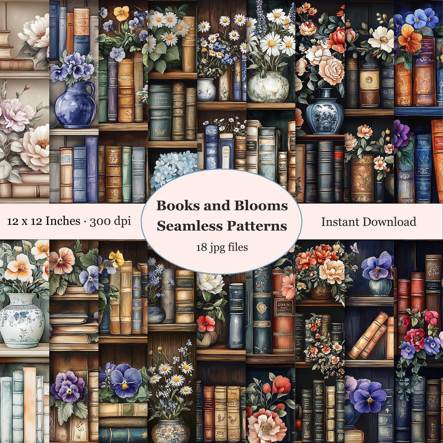 Seamless patterns of books and flowers. Digital paper pack Instant Download.