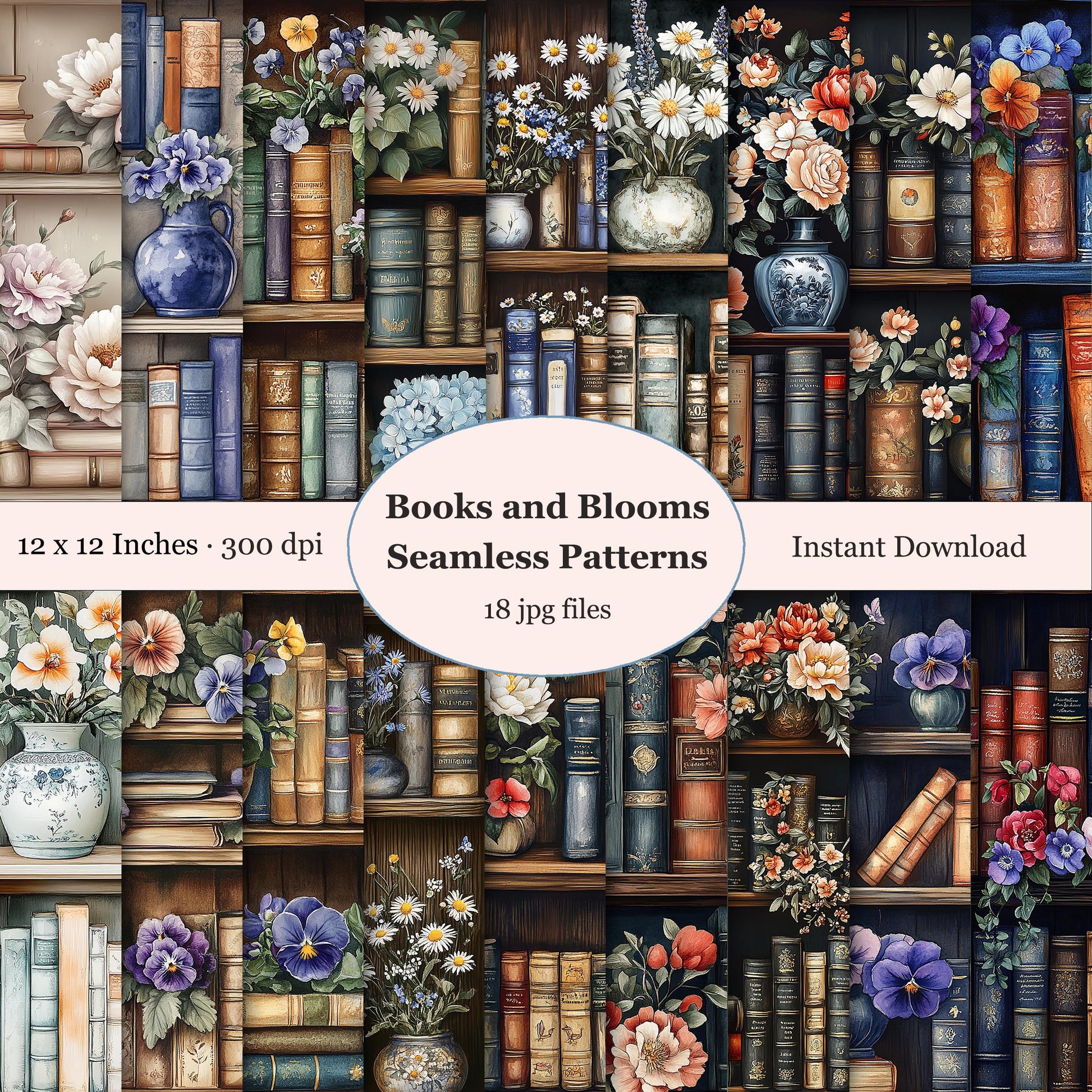 Seamless patterns of books and flowers. Digital paper pack Instant Download.