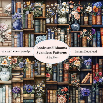 Seamless patterns of books and flowers. Digital paper pack Instant Download.