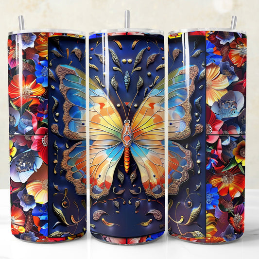 Colorful tumbler with butterfly design on a white background