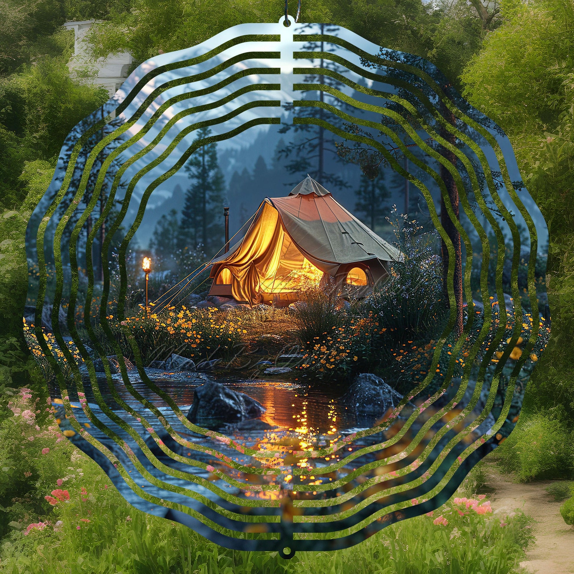 Camping wind spinner sublimation design: Tent by a lake surrounded by nature