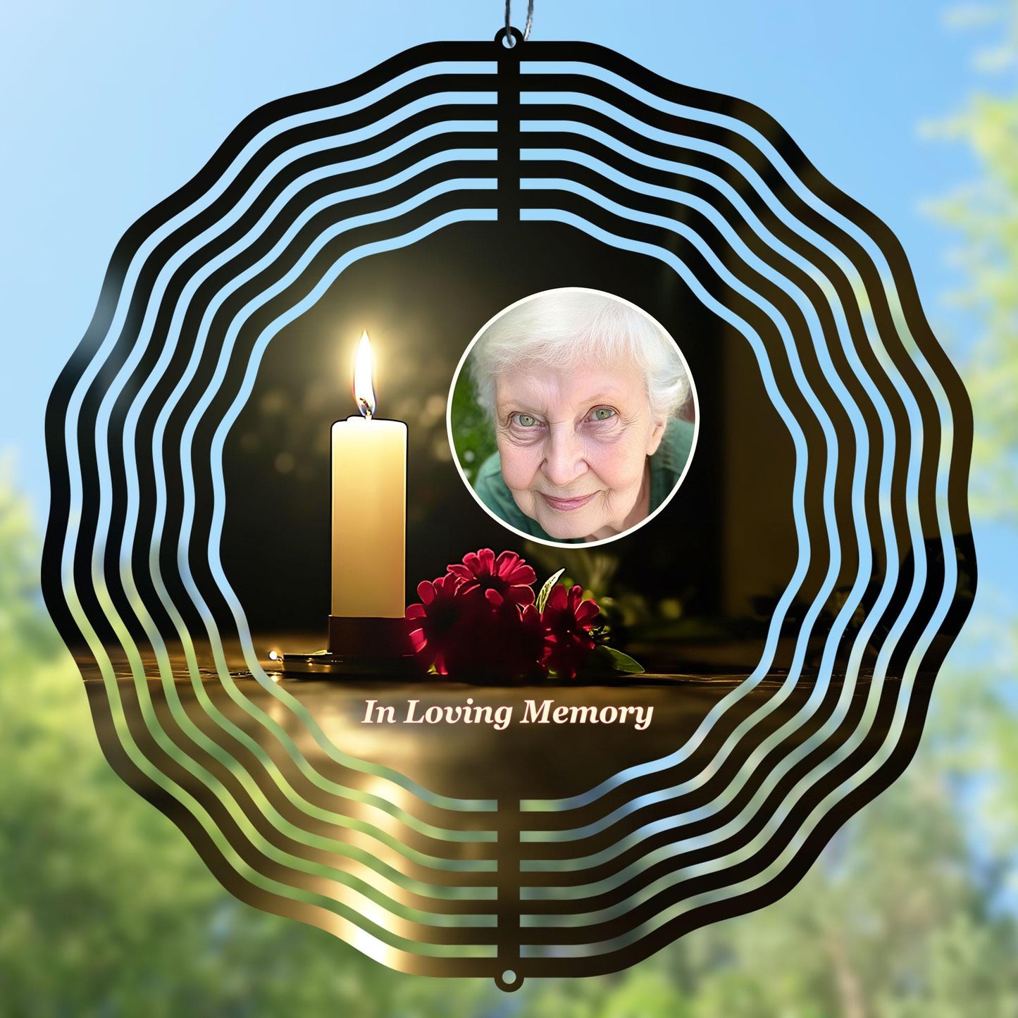 Memorial wind spinner design with candle. You can add a photo