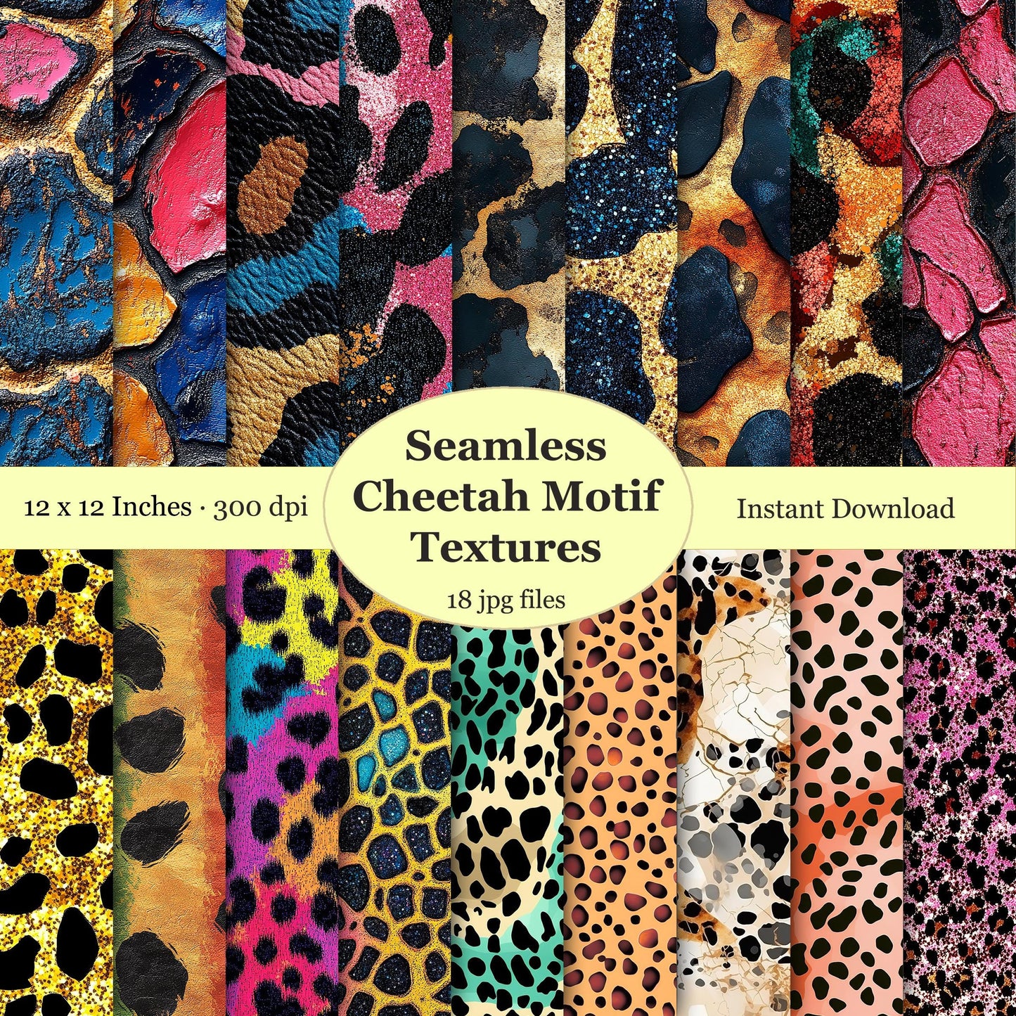 Collection of colorful cheetah print textures, leopard seamless patterns.