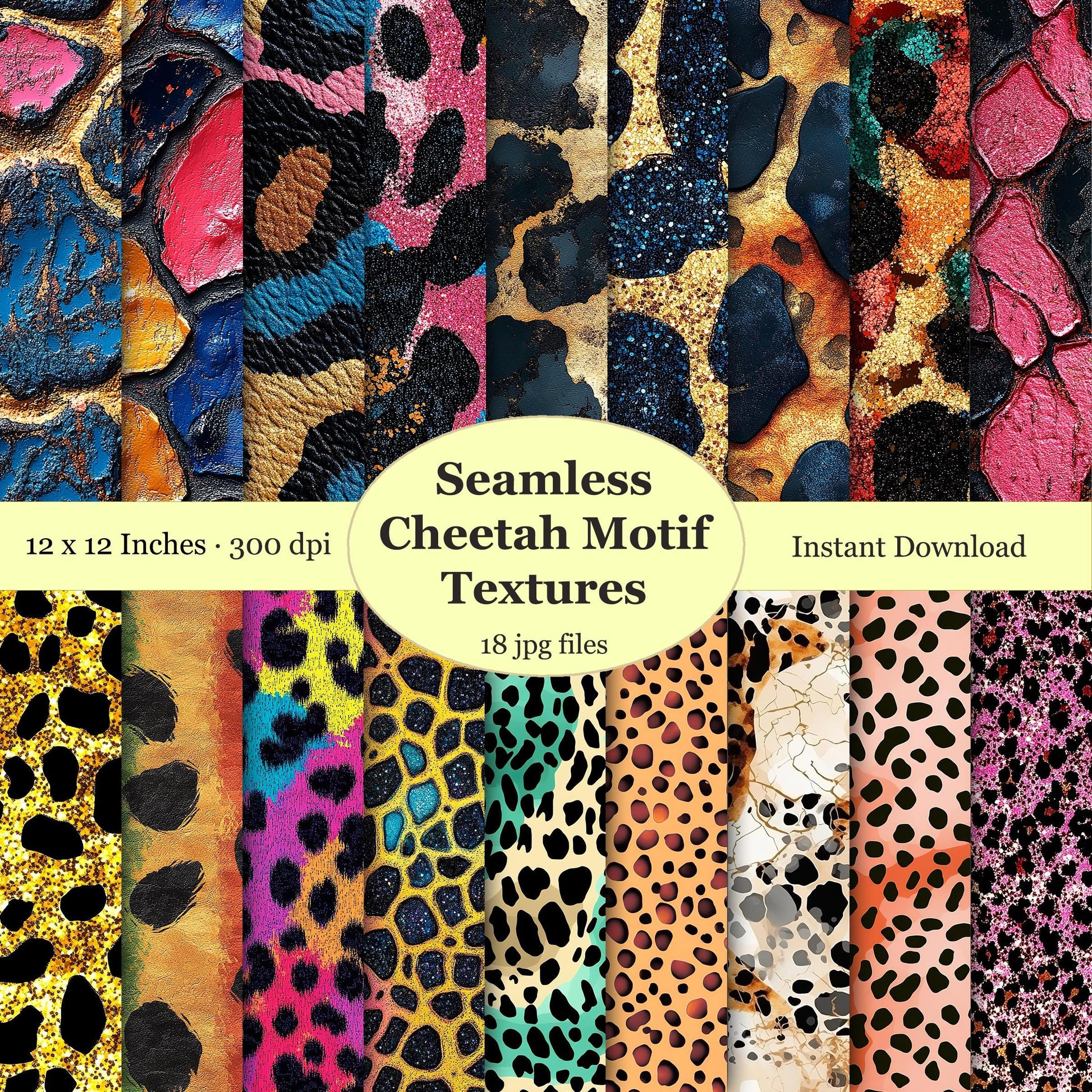 Collection of colorful cheetah print textures, leopard seamless patterns.