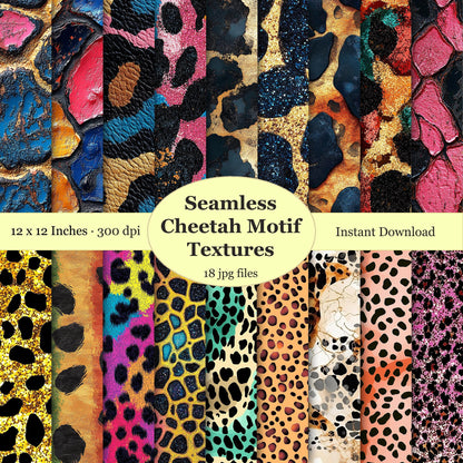 Collection of colorful cheetah print textures, leopard seamless patterns.