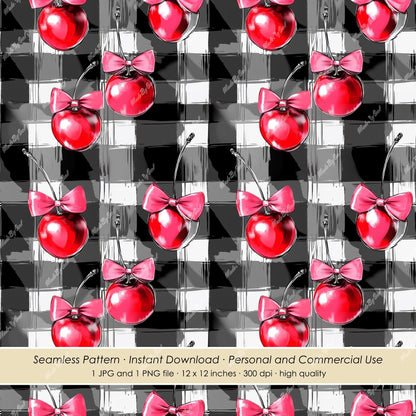 Pattern of red cherries with pink bows on a black and white checkered background. Seamless.