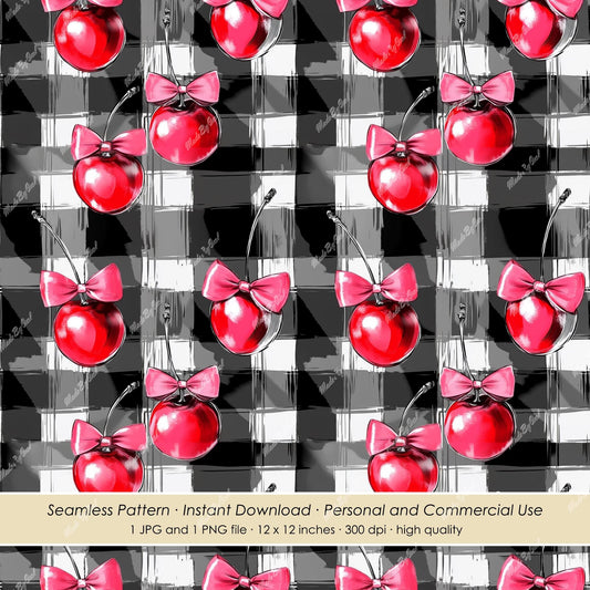Pattern of red cherries with pink bows on a black and white checkered background. Seamless.